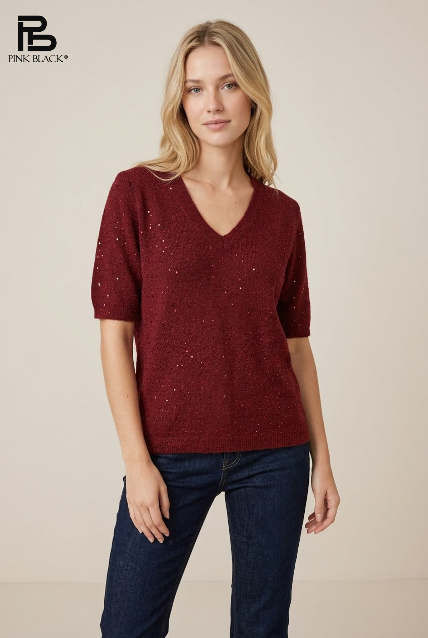 Sweter V‑serek z cekinami