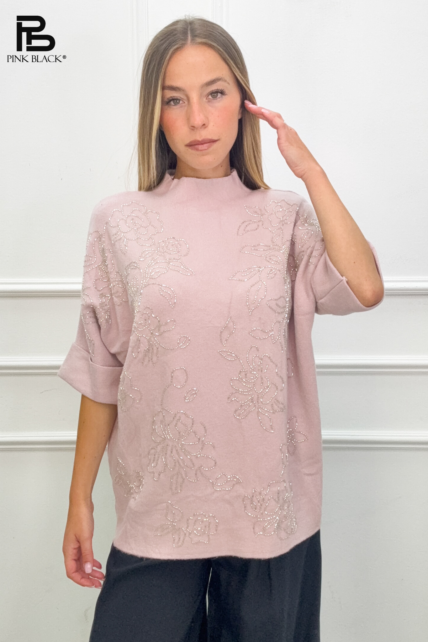 Sweter Luźny Półgolf Kwiaty