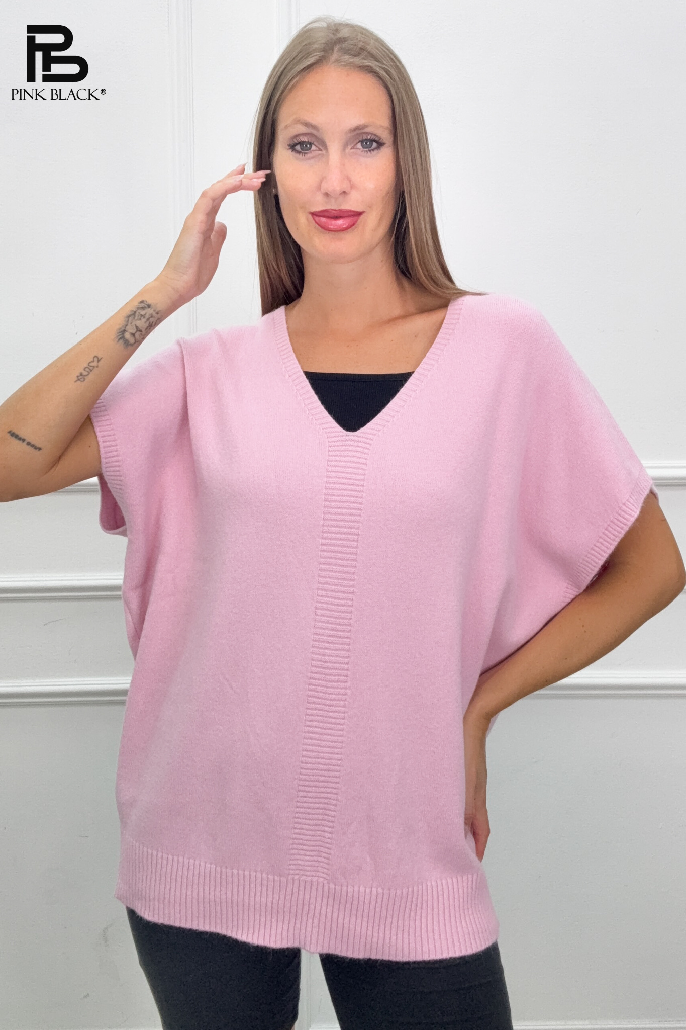 Sweter Luźny V-Neck Krótki Rękaw