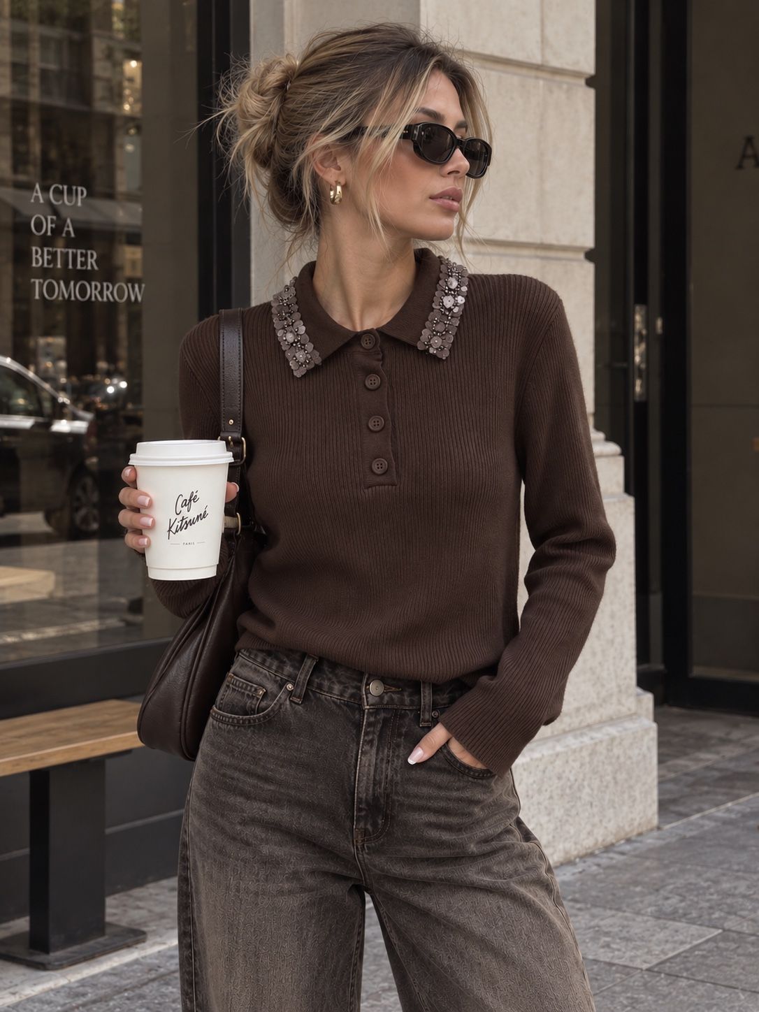 Sweter polo z haftem