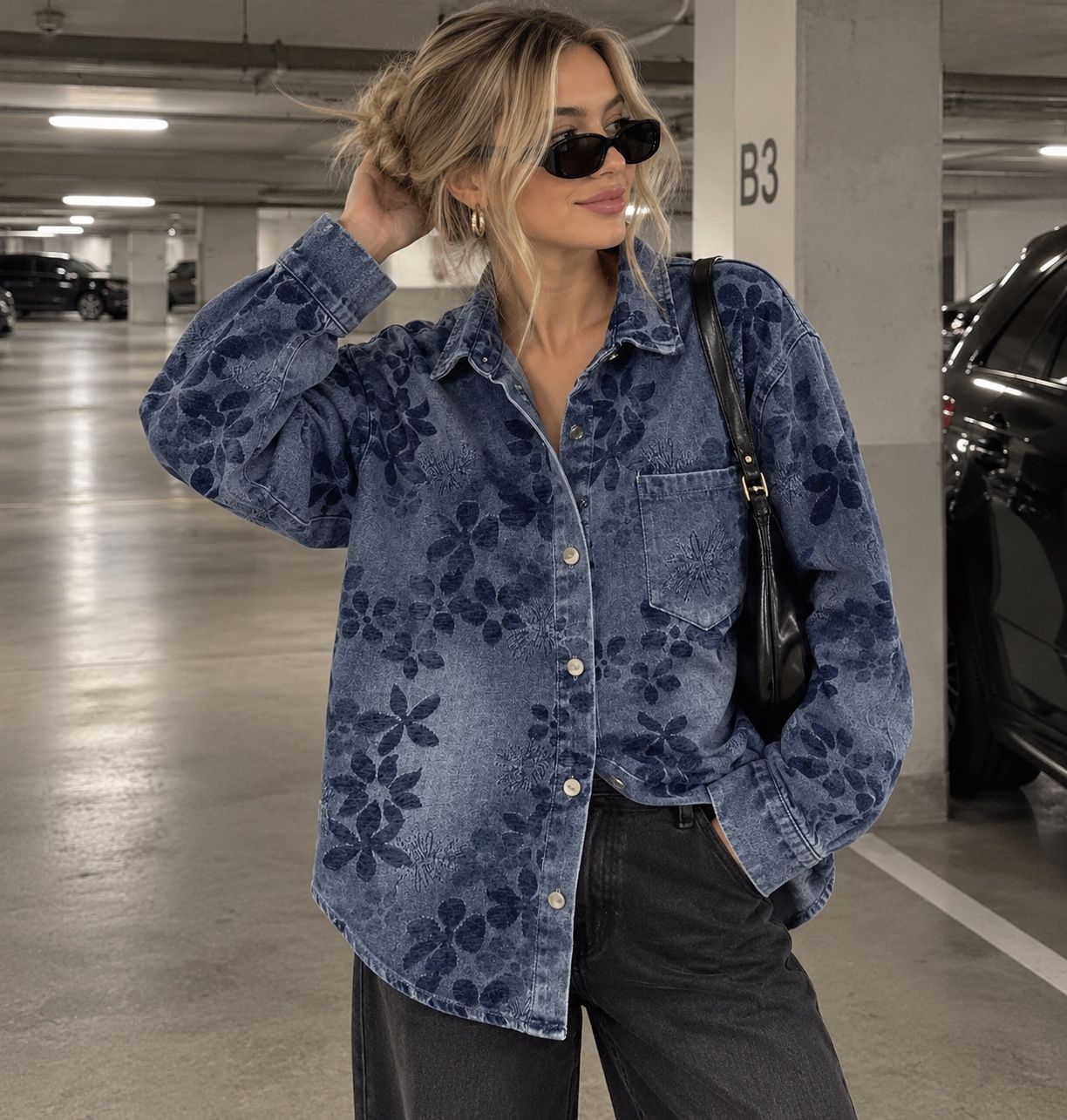 Koszula Oversize Denim Kwiatowa
