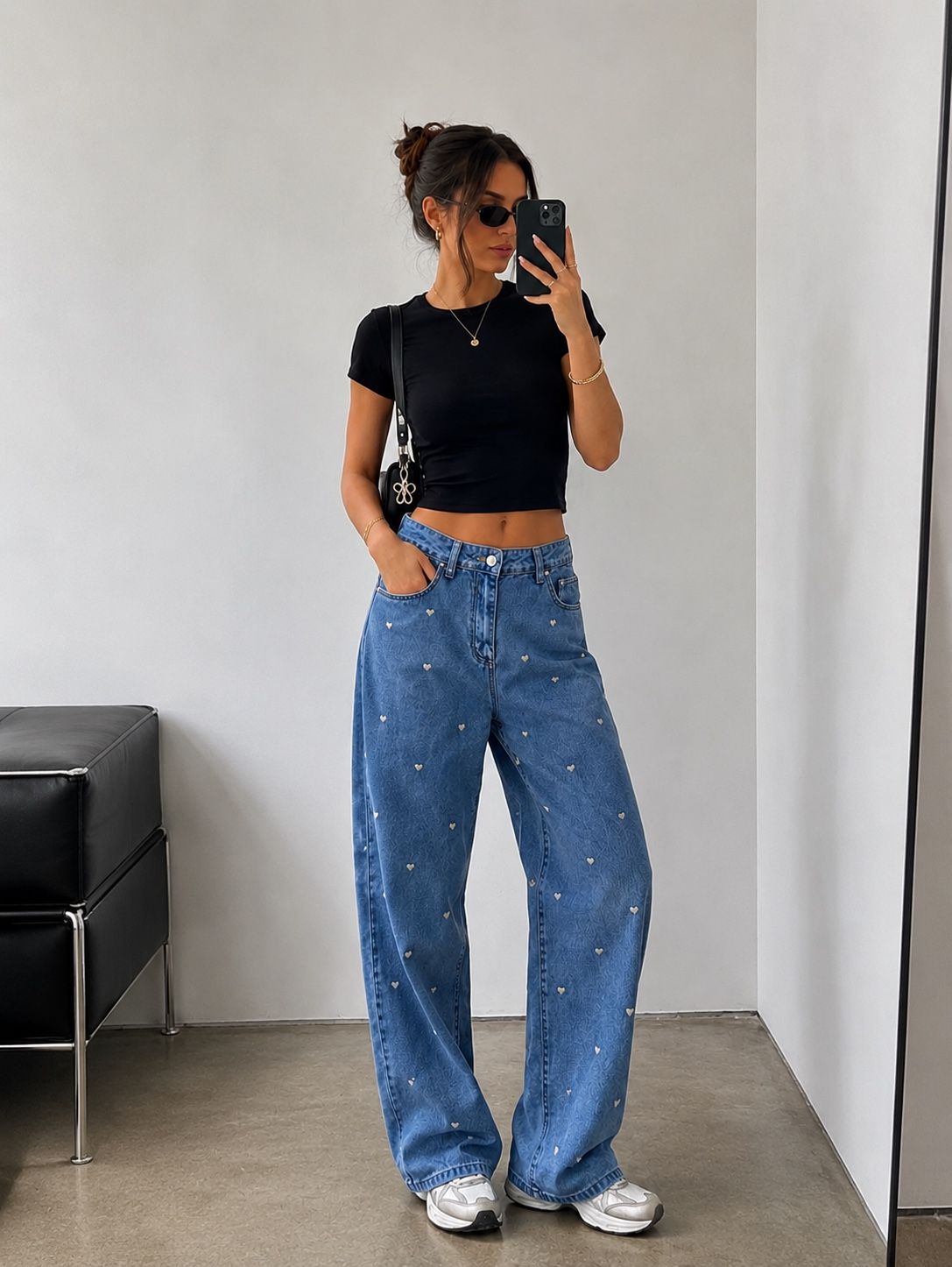 Spodnie szerokie high waist z drobnym printem