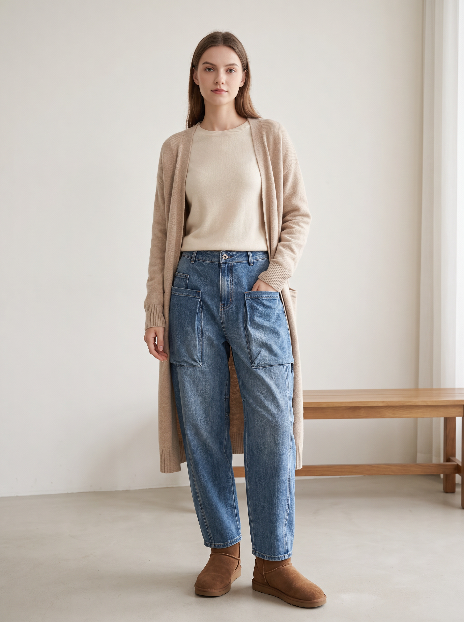 Spodnie Jeans Cargo Z Wysokim Stanem