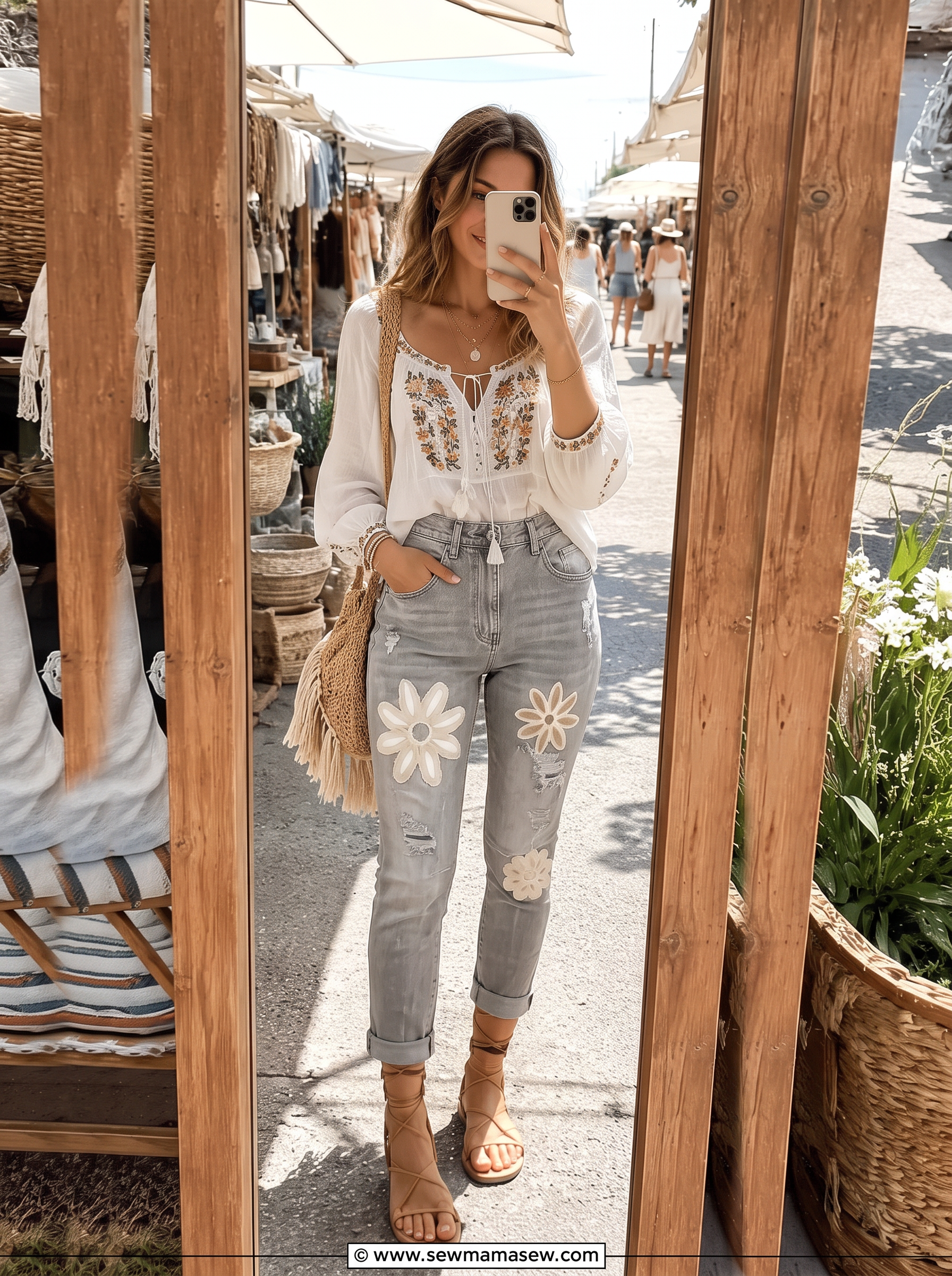 Spodnie jeans proste 7/8 z haftem