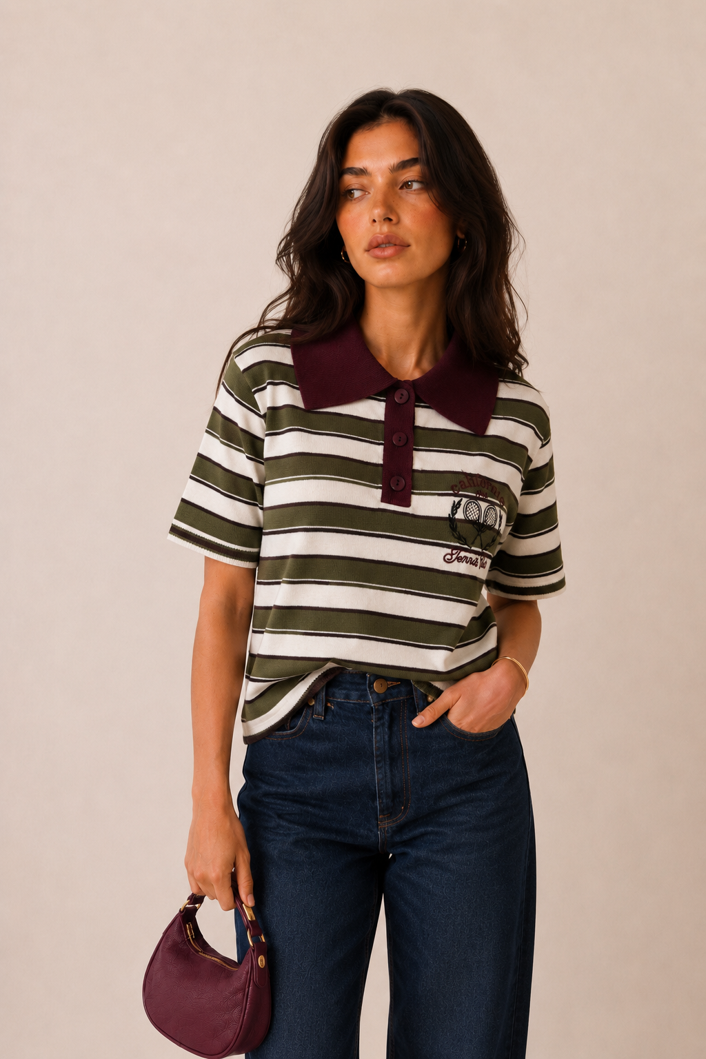 Sweter Polo Krótki Paskowany