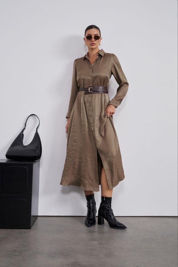 Sukienka Koszulowa Midi z Paskiem