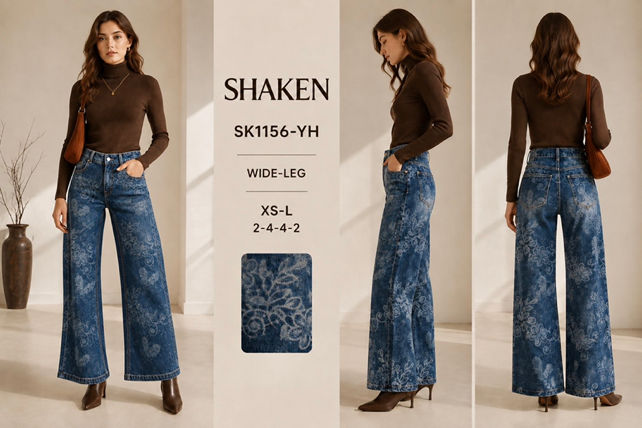 Spodnie Jeans Wide Leg Kwiaty