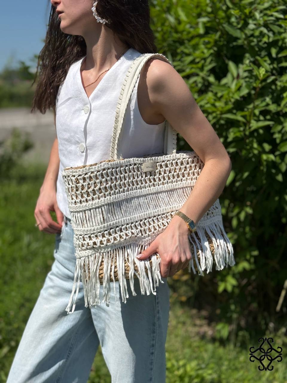 Torebka Shopper Pleciona z Frędzlami